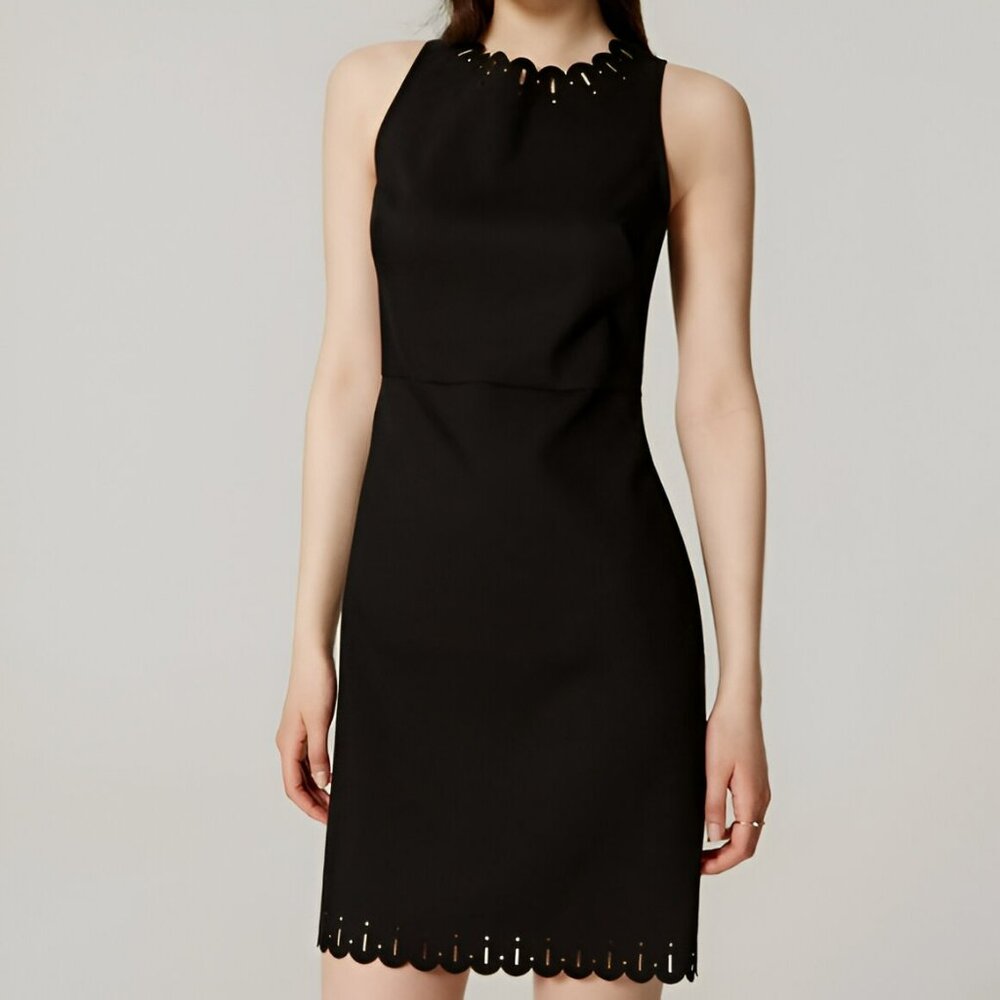 Ann Taylor Loft Black Laser Cut Scalloped Minimalist Fitted Sheath Midi Dress 2